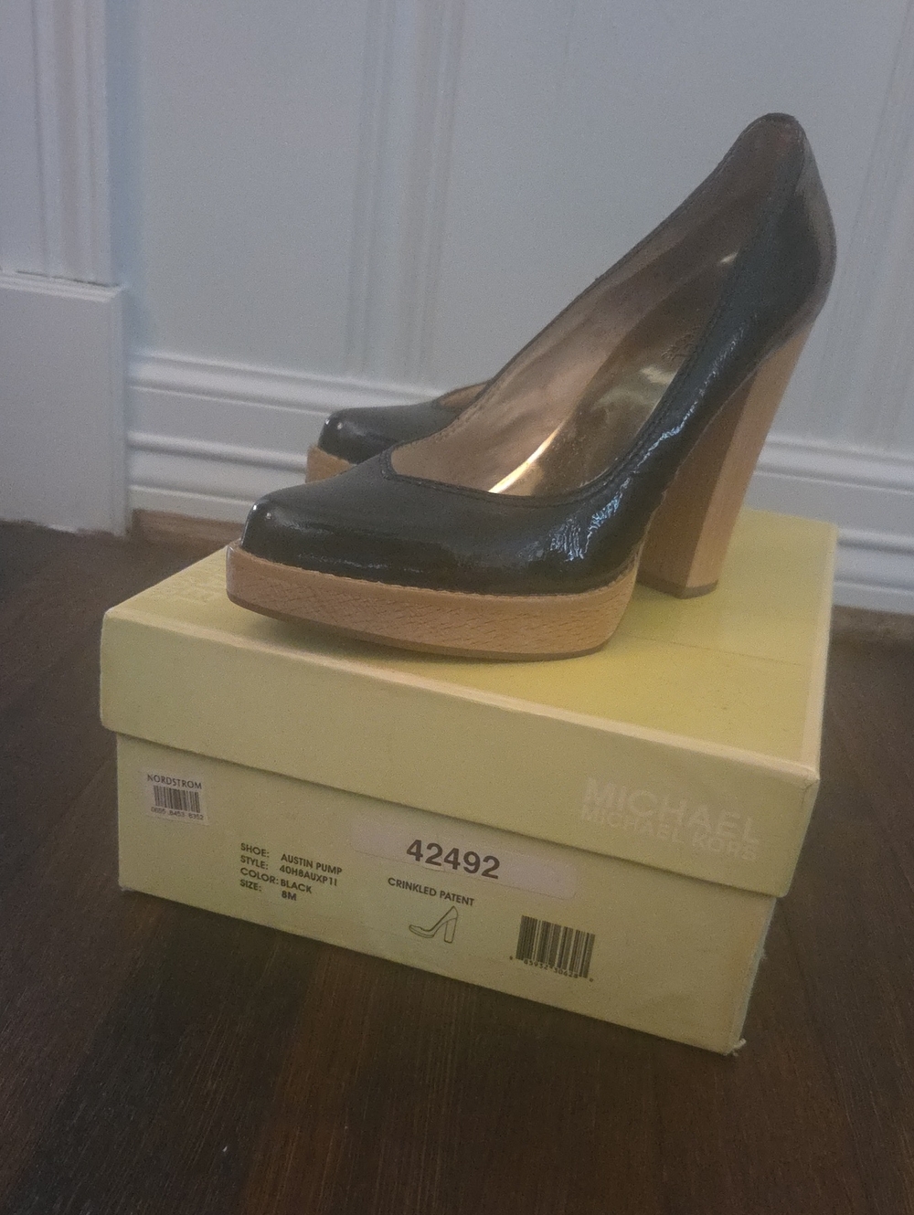 Michael Kors Black Patent Platform Pump with Wood-Tone Block Heel